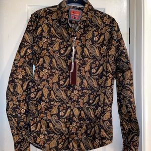 Men’s Consequence Navy and Gold Paisley Button Down Shirt Sz S Slim Fit NWT